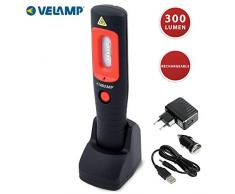 VELAMP Lavoro Handy Work Luce da ispezione LED, Ricaricabile. Lanterna Super Luminosa 300lm con Base di Ricarica. Multifunzione. con Magnete e Gancio. Impermeabile e Robusta, Nero, 7x10x26.5 cm