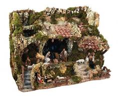 Grotta per Presepe con Statuine Natività 10 Cm, Luci, Led Effetto Fuoco, Fontana con Acqua che Scorre, 220V, 58x38x40 Cm