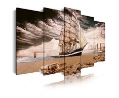 Dekoarte 298 - Quadro moderno su tela montato su telaio in legno di 5 pezzi, barca sulla spiaggia, 150x80cm