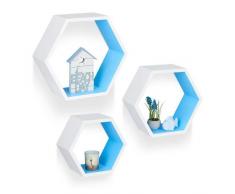 Relaxdays 10021898_362 Set 3 Mensole da Parete, Esagonali, Legno MDF, Decorative, per Soggiorno, Cameretta, Bianco-Blu