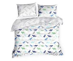 Design91 Biancheria da Letto, Motivo: Dinosauri, Copripiumino in Cotone Oeko-Tex Set 2 federe 1 Copripiumino per cameretta Bambini, Bianco + Blu, 140 x 200 cm