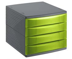 Rotho Quadra Cassettiera/scatola da ufficio con 4 cassetti, Plastica PS senza BPA, Verde/Nero, 36.5 x 28.0 x 25.0 cm