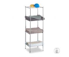 Relaxdays - Scaffale da Bagno in Metallo, a Rete, Multiuso, Quadrato, 4 Ripiani, Altezza 102 x 33 x 31 cm, Cromato, Argento