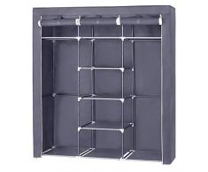 Armadio Guardaroba a 10 Ripiani in Tessuto E 2 Barre Porta Vestiti Accessori Scarpe, Organizzatore Armadio, Portascarpe Mobiletto Guardaroba, 175 x 150 x 45 cm (Colore Grigio)