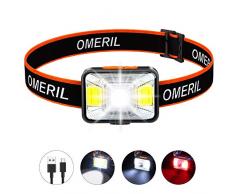 OMERIL Lampada Frontale LED, USB Ricaricabile Lampada da Testa con 5 modalitÃ di Illuminazione, IPX5 Impermeabile Torcia Frontale, Bambini e Adulti Luce Frontale per Campeggio, Corsa, Pesca, Ciclismo