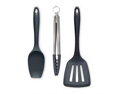 Zeal JSET27T Set di 3 Silicone antiaderenti, pinze da Cucina e spatola, Colore: Grigio Scuro