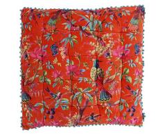 Riva Paoletti Paradise - Cuscino Imbottito da Pavimento, con Stampa Colorata di Uccelli, in Velluto, con Bordi con Pompon, Imbottitura in Poliestere in Fibra Cava, 70 x 70 cm, Colore: Arancione
