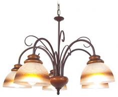 Tosel 20103 Lampadario Paesi dellAdour Tubo Acciaio, Pittura epossidica, Legno faggio, Vetreria, E14, 60 W, Marrone