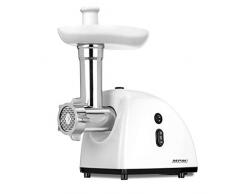 PM Company MPM MMM-06 Tritacarne Elettrico con imbutizzatore per Salsicce 3 Dischi di Taglio, ingranaggio Metallico, Funzione inversa, Accessori, 720 W, Bianco