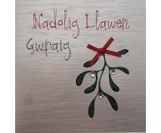 cotone bianco Natale biglietti augurali conto Nadolig Llawen Galles vischio a forma di mano Gwfaig