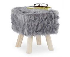 Relaxdays - Sgabello in Pelliccia Sintetica, con Gambe in Legno, Seduta e poggiapiedi, 37 x 32 x 32 cm, Colore: Grigio