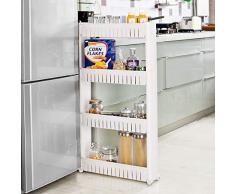 Carrellino Salvaspazio Scaffale Portaoggetti Per Cucina Soggiorno Bagno Portaoggetti su Rotelle Colore Bianco (4 Ripiani)