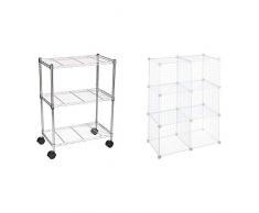 AmazonBasics - Scaffalatura a 3 Ripiani, su rotelle, Cromo & - Scaffalatura in Filo, Sei cubi - Bianco