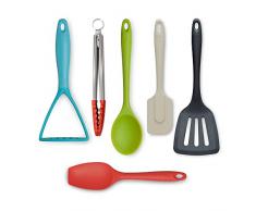 Zeal JSET46QB Set di 6 Silicone antiaderenti, pinze, schiacciapatola, spatola e Cucchiaio da Cucina, Mix Brillante