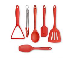 Zeal JSET46R Set di 6 Silicone antiaderenti, pinze, schiacciapatola, spatola, Cucchiaio da Cucina, Colore: Rosso