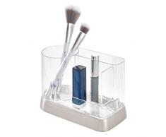 iDesign Porta Trucchi per lavello e Tavolo Beauty, Organizer Cosmetici a 3 Scomparti in plastica, Contenitore Bagno per Make up, pennelli, Accessori, Trasparente e Argento