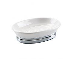 iDesign Portasapone, Porta sapone ovale in ceramica e metallo, Porta saponetta bagno piccolo per lavandino e lavello, bianco e argento