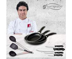 San Ignacio Navy Black - Set di 3 padelle + 4 coltelli + 3 utensili, in alluminio pressato