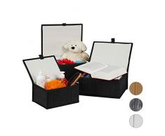 Relaxdays Set da 3 Cesti Portaoggetti, Coperchio & Chiusura a Strappo, Cestino Contenitore in bambù, Nera, Poliestere, 15 x 33 x 25,5 cm