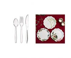 AmazonBasics - Set di 150 Posate in plastica, 50 forchette, 50 cucchiai, 50 coltelli & Talking Tables Natalizi Vischio, Pacco da 12 Piatti con 3 Decori