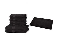 AmazonBasics - Set di 2 Asciugamani da Bagno e 4 Asciugamani per Le Mani Che Non sbiadiscono, Colore Nero & - Tappetino per Il Bagno, con Fascia Decorativa, Colore: Nero