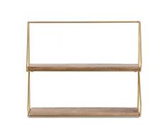 Madeleine Home Lugo - Scaffale da Parete a 2 Ripiani, Placcato Oro, con Struttura in Metallo, per Cucina, Soggiorno, Camera da Letto, Ufficio, Legno Naturale, 16 x 52 x 63 cm