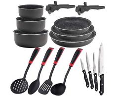 Bergner PK1528 - Set da 16 pezzi: 3 padelle 20/22/26 + 3 casseruole 16/18/20 con 2 manici Click&Cook + 4 coltelli 4 utensili da cucina, in alluminio pressato
