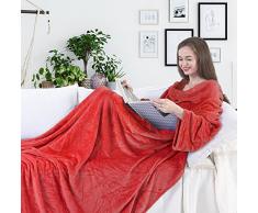 DecoKing - Coperta per TV, 170 x 200 cm, in Microfibra, con Maniche e Tasche, Coperta in Microfibra e Pile, Morbida e Morbida, Poliestere, Rot, 170 x 200 cm