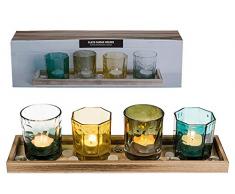 Out of the blue Piatto in Legno, 38 x 10 cm, con 4 portalumini Verde/Giallo/Blu ca. 8 cm & 40 g di Palline di Vetro, in Confezione Regalo, Green/Yellow/Blue, 38 x 10 x 8 cm