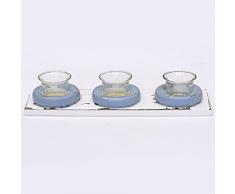 Just Contempo, portacandele, Legno, Triple White & Blue Tea Light Holder, 10 x 34 cm