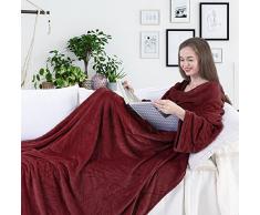 DecoKing - Coperta per TV, 170 x 200 cm, in Microfibra, con Maniche e Tasche, Coperta in Microfibra e Pile, Morbida e Morbida, Poliestere, Bordeaux, 170 x 200 cm