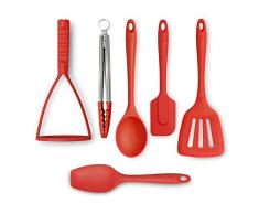 Zeal JSET47R Set di 6 pinze antiaderenti in Silicone, Cucchiaio da Cucina, spatola e schiacciapatole, Colore: Rosso