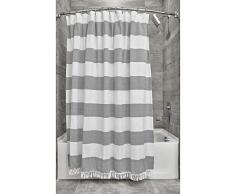 iDesign Tende per Doccia Design a Righe, Tenda per Vasca da Bagno x 183,0 cm in Cotone e Poliestere, Bianco/Grigio Scuro