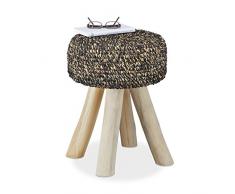 Relaxdays Sgabello in Legno di Teak carico Max. 120 kg. Pouf Tondo Imbottito H x L x P: 48 x 38 x 38 cm, Nero-Beige