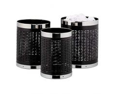 Relaxdays Papierkorb Set di 3 cestini per la Carta, Rotondi, 3 Misure, per Ufficio, Design Moderno, in Metallo, 5,4, 6,7 e 8 Litri, Colore: Nero, 3 Pezzi