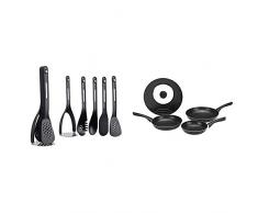 Kitchencraft Masterclass Smart Space Nesting Magnetico Set di Utensili da Cucina in Silicone/plastica, 9Â x 9Â x 30Â cm (8,9Â x 8,9Â x 30,5Â cm) (5Â Pezzi), Nero, 1Â x 1Â x 1Â cm + AmazonBasics Set di padelle