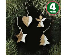 BAKAJI 4 Appendini per Albero di Natale in Legno Ovatta Forma Stella Albero Angelo Cuore 11Cm Bianco