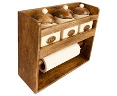 Geko - Porta Rotolo da Cucina con 3 barattoli, Legno, Ceramica, Marrone, 34,5 x 11,5 x 31 cm
