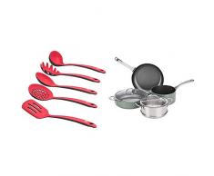 LEVIVO Set Cucina di 5 Posate, Paletta, Silicone, Rosso/Grigio, 30 cm + AmazonBasics Set di Padelle Antiaderenti, Acciaio Inossidabile, Verde/Pistacchio, 24/28/28 cm