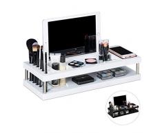 Relaxdays Portaoggetti da Scrivania, Organizer per Cosmetici, Scomparto per Cellulare, Porta Pennelli, 2 Ripiani, Bianco, Ufficio, Bianco