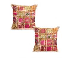 Stylla Londra Indiano Vintage Home Decor Cuscino in Cotone con Ricamo e Patchwork, Panno, Beige, 41Â x 41Â x 3Â cm