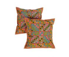 RAJRANG Tradizionale Lavoro Cotone Ricamato con Lo Specchio Senape Cuscino