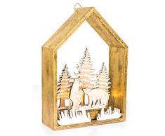 EUROCINSA Casetta da Parete o Tavolo, in Legno con luci (Senza batterie) con Motivi Natalizi Oro 16 x 23 cm. 2 Pezzi, Oro/Bianco, Taglia Unica
