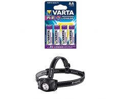 Varta Lithium Batteria AA, 4 Pezzi + 17731 Indestructible Torcia da Testa con 1 LED e 3 Batterie Ministilo AAA, Nero