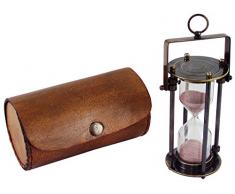 Generico Clessidra 3Â Minuti, Ottone Custodia Pelle, H 9.5Â cm x D. 5Â cm, Metallo, Anticato, 5Â x 5Â x 13,5Â cm