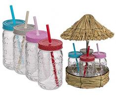 OOTB Bicchiere, Tiki Style, Vaso per Conserve con Coperchio in Metallo Chiusura a Vite & Cannuccia in plastica, ca. 470 ml, A: 20 cm, 4 Colori Ass, Set da 4 su Display di capannine di Paglia