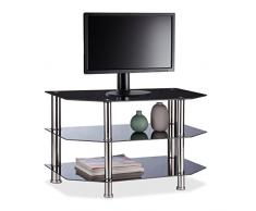 Relaxdays Nero Mobile TV, 3 Ripiani in Vetro Temperato, Piedini AntiGraffio, Struttura in Acciaio, 49x80x45cm, Argento, 49 x 80 x 45 cm