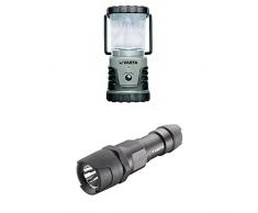 Varta 18663101111 Lampada LED da Campeggio, 4W + 18700 Indestructible Torcia Elettrica da Mano, LED, 1 Watt e 3 Batterie AAA