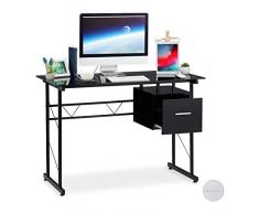 Relaxdays 75 x 110 x 55 cm, Nero Scrivania Moderna con Superficie in Vetro, Cassetto Laterale, Cameretta, HLP, Pannelli MDF, Metallo