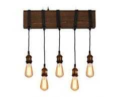 Relaxdays Lampadario in Legno, a 5 Luci, E27, Rustico, Sala da Pranzo & Salotto, Lampada Sospesa, 157x56x13 cm, Marrone